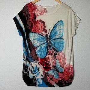 Whimsical Butterfly Rhinestone Top Red Blue Floral‎ Graphic Tee Y2K Fairycore